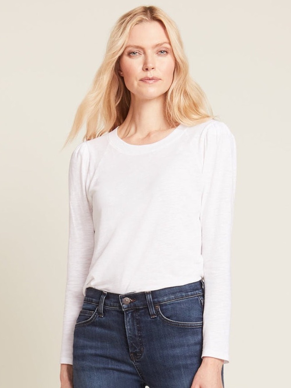 VERONICA BEARD Mason Baseball Long Sleeve Ruched Shoulder White Tee Shirt EUC XS
